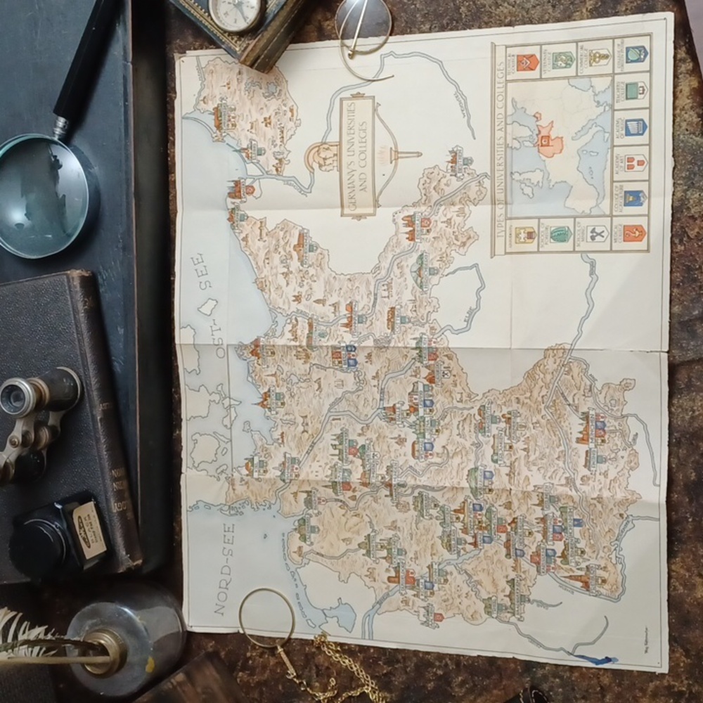RARE FIND Vintage GERMANY'S UNIVERSITIES AND COLLEGES Map Germany School Map